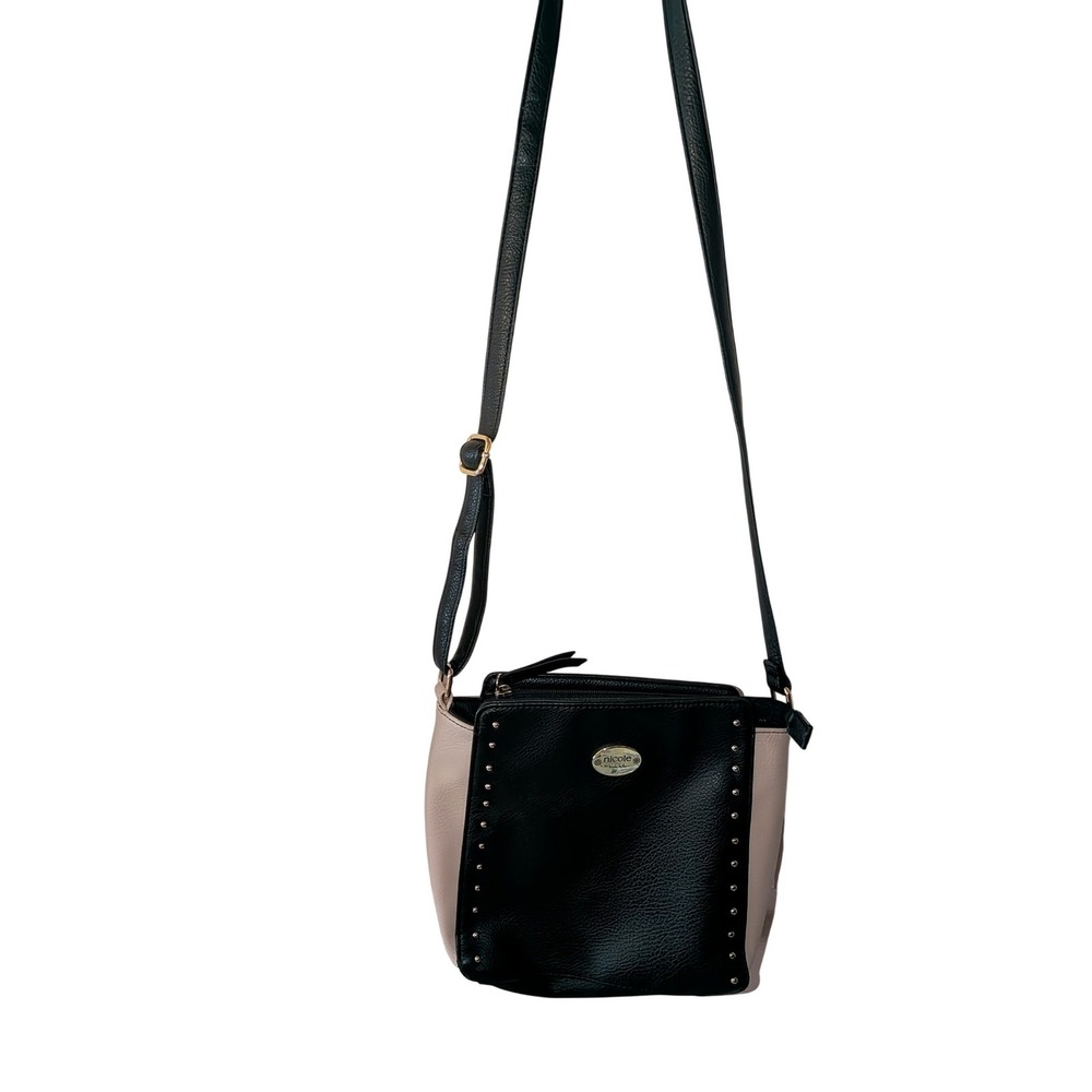 Nicole Miller New York Black Beige Studded Crossbody Bag Adjustable Strap Purse‎